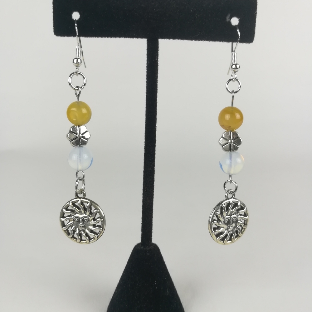 Cheerful Yellow Agate & Moonstone Sun/solar earrings with flower accent